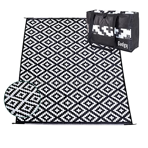 Gadgy Outdoor Teppich Wetterfest 300x200cm | Wendbarer Balkon Teppich Schwarz | Wasserfest & UV-beständig für Garten, Terrasse & Balkon | Kunststoff Picknickdecke inkl. Tragetasche