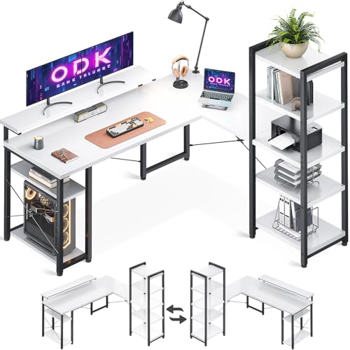 ODK Schreibtisch Bürotisch L-Form 155x140cm, Eckschreibtisch Reversibel für Homeoffice, Moderner Gaming Schreibtisch mit Integriertes Regalsystem in Weiß