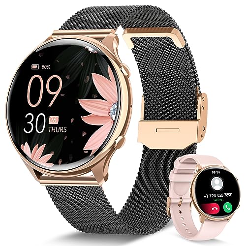 RUXINGX Smartwatch Damen mit Telefonfunktion, 1,39 Zoll HD Voll Touchscreen, Fitness Tracker mit 120 Sport SpO2 Pulsuhr Schlafmonitor Menstruationszyklus, Armbanduhr für iOS Android Schwarz Roségold