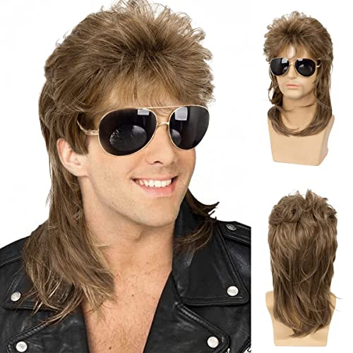 Qnbiar Herren Vokuhila Perücke Hellbraun Lockig 70er 80er Retro Cosplay Kostüm Perücke Rocker Disco Fancy Show Perücken