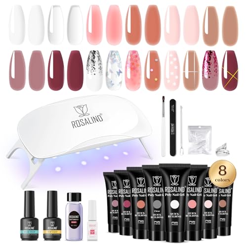 ROSALIND Gelnägel Starterset, 8 Farben Poly Nail Gel Set mit UV Lampe, Base Top Coat und Maniküre-Werkzeuge, Nagelverlängerungs Gel Starter Set für Profesionelle Salon & zu Hause DIY