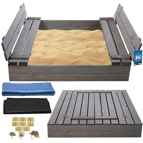 KOTARBAU® Sandkasten mit Abdeckung Sandkasten Holz 120x120 cm imprägniert mit Sitzbänken Grau Holzsandkasten Sandbox mit Deckel Sandkasten mit Deckel Holz Sandkiste mit Abdeckungen