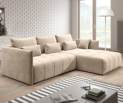 FURNIX Ecksofa Yalta mit Schlaffunktion und Bettkasten - Couch L-Form Sofa mit Kissen - Stellfüße in Chromoptik - B245 x H83 x T182 cm, Liegefläche: 147 x 232 cm - MH02 (Beige)