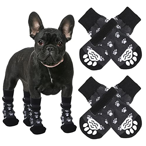 cobee Anti Rutsch Hundesocken, 4 Stück, weiche Hundegriffsocken mit Riemen Traktionskontrolle Verstellbarer Pfotenschutz für kleine und mittelgroße Hunde (Größe M, Schwarz)