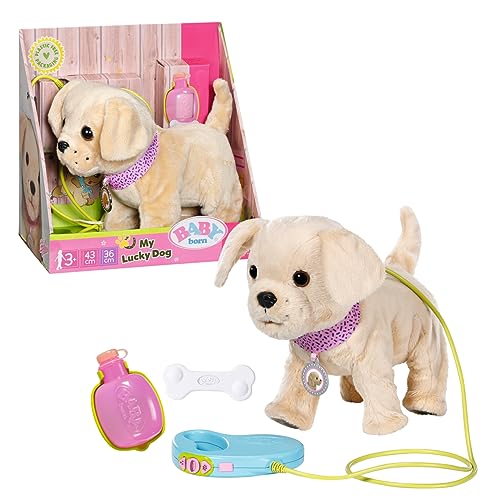 BABY born My Lucky Dog mit 5 verschiedenen Funktionen, für Kinder ab 3 Jahren, funktioniert mit Batterien, inkl. Halsband, Leine, Flasche und Knochen, 835197 Zapf Creation