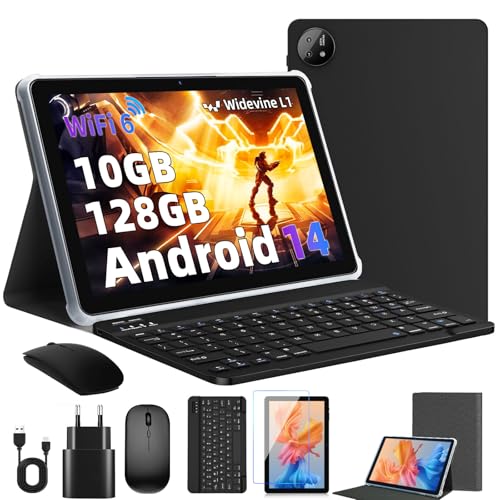 Rebecco Tablet 10 Zoll,Tablet Android 14 Bluetooth 5.4, 12GB RAM+128GB ROM (erweiterbar auf 1TB), Octa-Core Android 14, 1280x800 IPS HD Touchscreen, WiFi 6, Dual Kamera, 6000mAh, Widevine L1