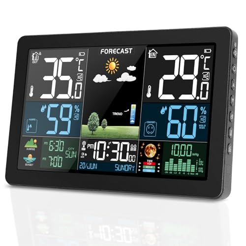 VOKSUN Wetterstation Funk mit Außensensor, Farbdisplay, Thermometer Hygrometer mit Wettervorhersage, DCF Funkuhr, Batteriebetrieb und Netzbetrieb