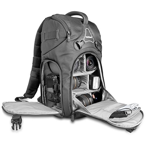 Mantona Rhodolit SLR-Kamerarucksack (geeignet für SLR mit angesetztem Objektiv, weitere Objektive, Systemblitz und Zubehör inkl. Regenschutz) schwarz, 450mm