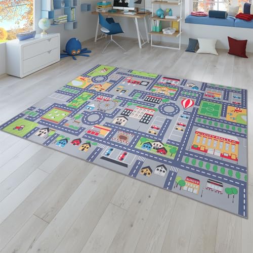 TT Home Spielteppich Kinderzimmer Teppich Kinderteppich Auto Straßen Muster, In Grau, Größe:80x150 cm