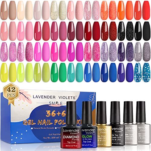 Lavender Violets UV-Gel-Nagellack 42 PCS mit Base und Matte-Glänzende/Diamant/Glow in the dark No Wipe Top Coat Soak Off LED Nägel Maniküre Kit C950