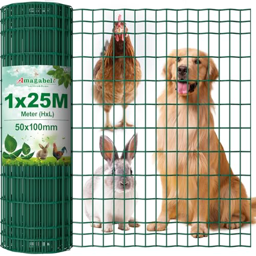 Amagabeli 1M X 25M Gartenzaun Zaun PVC-beschichteter 100 x 50mm 2.1 mm Drahtzaun Maschendraht Wildzaun/Hundezaun Rostfrei Zaunelemente Grünen Maschenweite Drahtgitter Kaninchendraht Forstzaun
