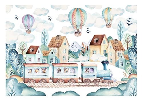 WallArena - Vlies Fototapete Kinderzimmer 368x254 cm Tiere Zug Ballon Scandi weiß - Fototapeten Tapeten für Kinder Kindertapete Kinderzimmertapete - Vliestapete Wandtapete Tapete 3D Effekt