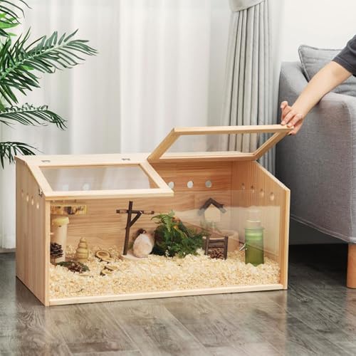 Kleiner Tierkäfig mit klappbarem Deckel Indoor Freilaufgehege holzerner Hamsterkäfig Acrylfenster für Sicht geeignet für Meerschweinchen, Hamster, Schildkröten, 80x40,5x40 cm