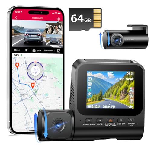 3 Kanal Dashcam Auto Vorne Hinten Kabellos - 4K+1080P+1080P FHD Dreifache Dash Cam mit 2,4″ IPS Display, APP Steuerung mit 64 GB SD Karte, G-Sensor, WDR, Nachtsicht, 24 Std. Parkmonitor