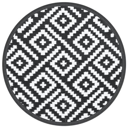 vidaXL Outdoor Teppich, Gartenteppich Rund Beidseitig, Balkonteppich Terrassenteppich UV-beständig, Teppich für Balkon Terrasse, Weiß Schwarz Ø160cm PP