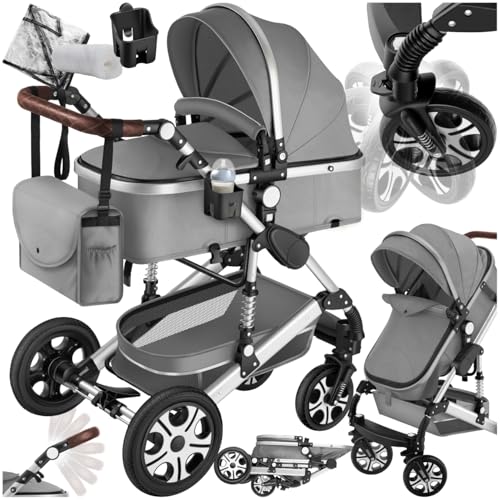 tectake® 2 in 1 Kinderwagen, klappbarer Kinderwagen Buggy mit Liegefunktion, mit Fußsack Kinderwagen, Getränkehalter Kinderwagen, herausnehmbarer Babywanne und Regenschutz Kinderwagen - grau