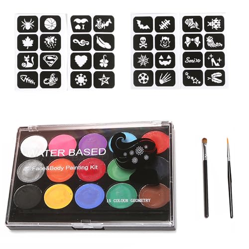 Neoreser Gesichtsfarbe Kinderschminke Set, 15 Farben Schminkfarben Schminkpalette, Waschbar Schminkfarben Body Painting Körperfarbe Kinder mit 2 Pinsel, Halloween Karneval Fasching Schminken Set