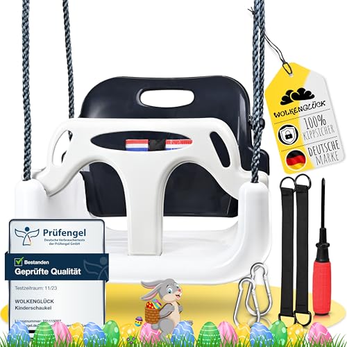 WOLKENGLÜCK® Babyschaukel 3 in 1 [6 Monaten bis 6+ Jahre] - Mitwachsende Kinderschaukel für Outdoor & Indoor - Hochwertige Schaukel inkl. Rückenlehne & Anschnallgurt (Grau)