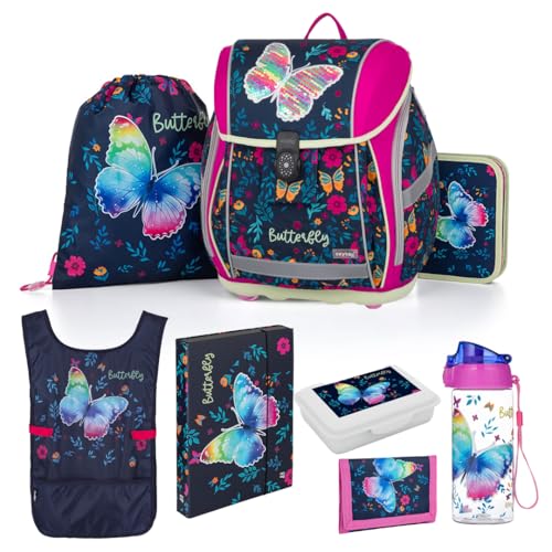 OXY BAG Schulranzen 8 TLG Ergonomische Schulrucksack Set Sportbeutel Federmappe Kunstponcho Trinkflasche Snackbox Schulset mädchen für 1. - 3. Klasse Back to School