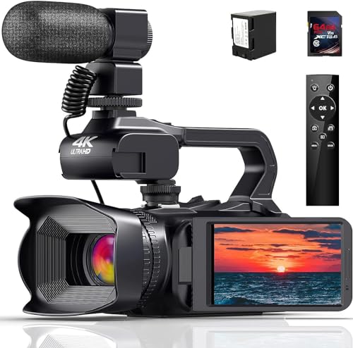 Videokamera 4K Camcorder 64MP 18X Digitalzoom Autofokus Vlogging Kamera für YouTube, HD 60FPS Webcam Camera WiFi Videokamera mit 4500mAh Akku, SD-Karte, Stabilisator, Mikrofon und 2,4G Fernbedienung