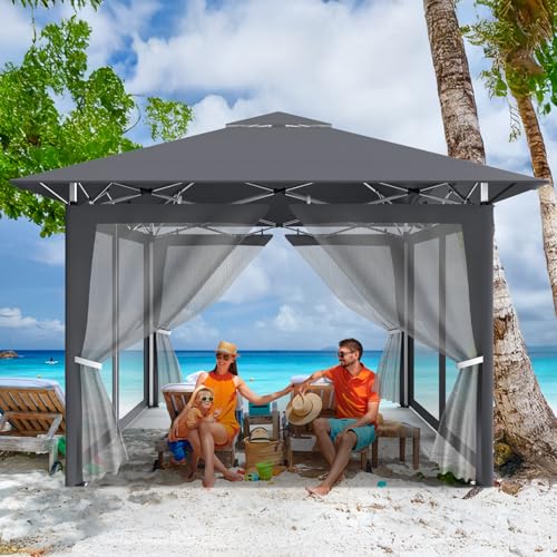 Pavillon Pop-Up 4x4m，Faltpavillon，Wasserdicht Gartenpavillon mit 4 Moskitonetz，Bissschutz、Atmungsfähig、Höhenverstellbar,UV Schutz 50+,Stabil,Metallrahmen,Partyzelt,Gartenzelt für Outdoor Camping,Grau
