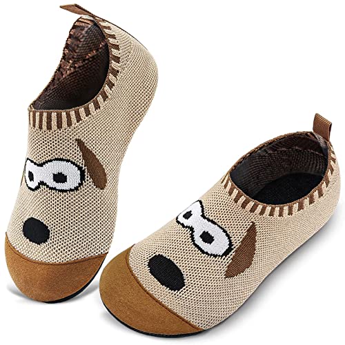 WateLves Hausschuhe Kinder Mädchen Slipper Rutschfeste Leichte Turnschläppchen Flexibe Atmungsaktive Barfuss Pantoffeln Kindergarten(Hund Brauner,24 25 EU)