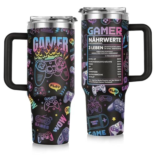 Gamer Geschenk, Geschenke für Männer, Geschenkidee für Computerspieler, Gaming-Fans und Zocker, Geburtstagsgeschenk, Geschenke für Papa Freund Mann, 40 OZ Thermobecher mit Deckel und Strohhalm