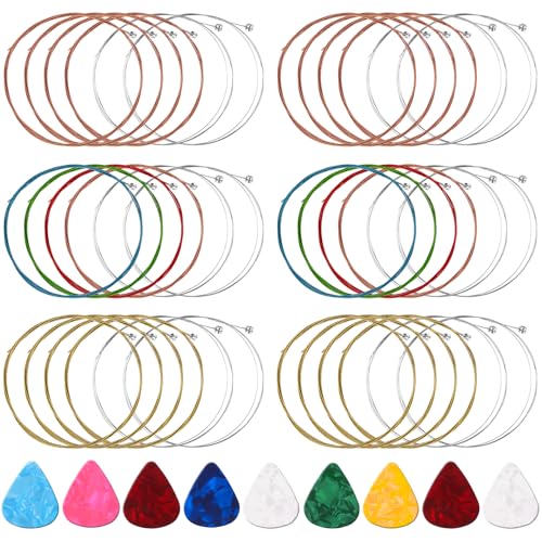 6 Sets Akustikgitarren Saiten, Gitarrensaiten, 36 Stück Gitarren Saiten mit Gitarrenpick, Ersatz-Stahlgitarrensaiten (2 Sets Messing, 2 Sets Kupfer und 2 Sets Mehrfarbig)