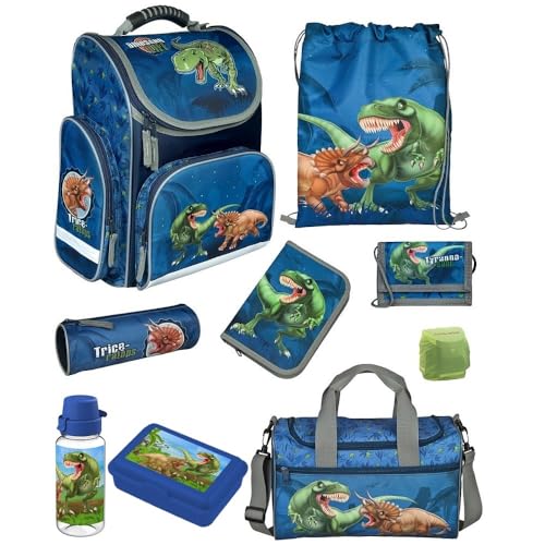 Familando Dinosaurier Schulranzen 1. Klasse · ergonomischer Tornister für Jungen und Mädchen · Dino Schultasche im Set (9-teilig mit Sporttasche)