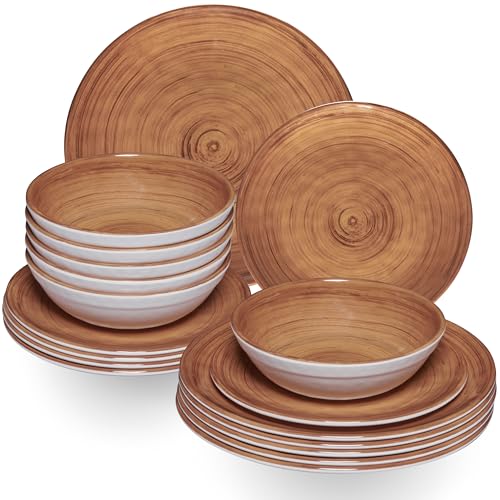 Melamin Geschirr Set Braun für 6 Personen - 18 Teile Holzoptik Spülmaschinengeeignet Essgeschirr Campingzubehör Campinggeschirr Wohnwagen Camping Festival Picknick Gartenparty
