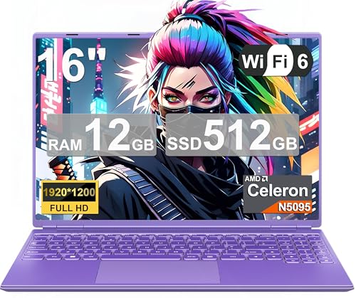 2025 Gaming Laptop 16 Zoll Win11 12+512GB SSD Unterstützung 2TB(HDD-2TB) 1920x1200 Notebook 4-Core Celeron N5095 (bis 2.9GHz) Laptop mit Nummerntastatur WiFi Mini HDMI Deutscher Tastaturschutz-Lila