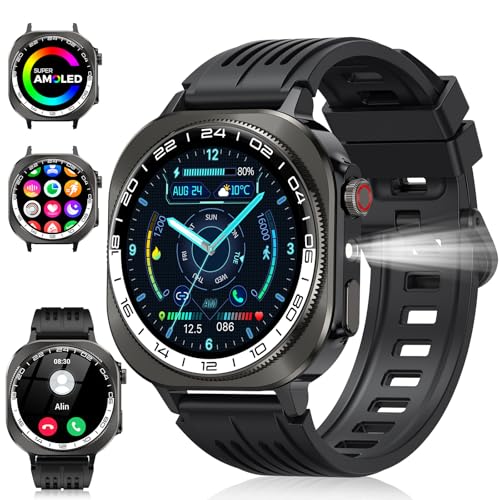 Smartwatch Herren Damen, 2025 AMOLED 3D Touch-Display Fitness Tracker mit Telefonfunktion, 1.43″ Fitnessuhr mit Herzfrequenz/Schlafmonitor/LED Taschenlampe/130+ Sportmodi, IP68 Wasserdicht Sportuhr