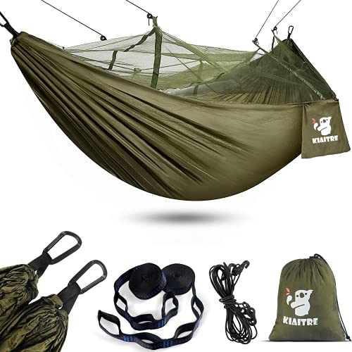 Kiaitre Hängematte, Hängematte Outdoor mit Moskitonetz - 260 x 130 cm Leichte Nylon Hängematte für Rucksacktouren, Camping, Wandern und Strandabenteuer - 200kg Tragfähigkeit