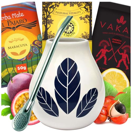 Yerba Mate-Tee Starter Set ● Brasilianischer Mate-Tee 3x50g ● Kräuter und Früchte Yerba Mate Tee ● Keramik Mate Becher Hoja Weiß 350ml Tasse ● Stahl Trinkhalm Bombilla ● Glutenfrei