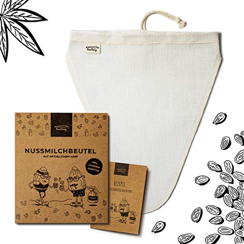 Tastory® Nussmilchbeutel V-Form für Hafermilch 25 x 30 cm - Aus Hanf | Idealer Nussbeutel für Mandelmilch - Filtertuch waschbar zur Herstellung von Bio-Nussdrinks