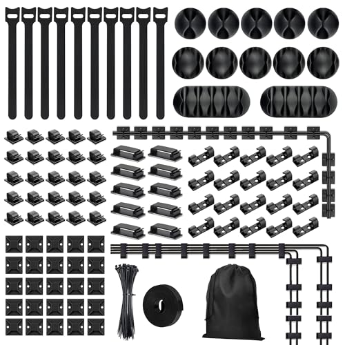 204-teiliges Schreibtisch Kabelmanagement mit 12 Silikon Kabelclips, 10 Kabelbinder Klett, 100 Kabelbinder, 70 Cable Cips, 1 Klettband Selbstklebend 3M, 1Aufbewahrungsbeutel, Geeignet für Zuhause/Büro