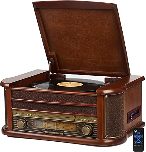 Nostalgie Holz Musikanlage | Kompaktanlage | Bluetooth | Kassettendeck | Retro Stereoanlage | CD MP3 Player USB | Fernbedienung | Plattenspieler | Radio | MP3-Encoding: Aufnahmefunktion | AUX IN