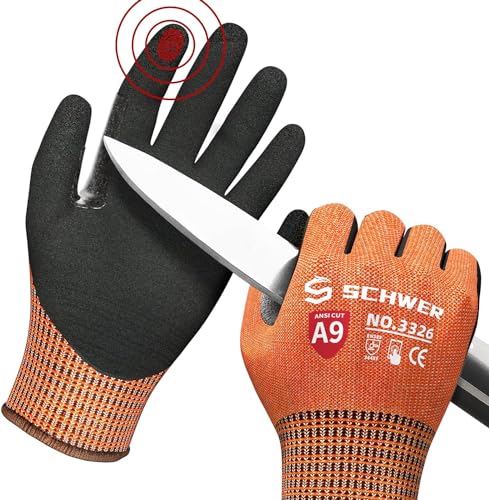 Schwer Schnittschutzhandschuhe LEVEL A9/F,erfüllt die höchsten US-amerikanischen und europäischen Normen für extremer Schnittschutz,PFAS-frei,langlebig,Rutschfest, haltbar, Touchscreen,orange, L