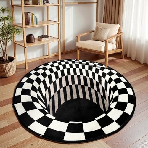 Nyescasa Teppich 3D Runder Teppich Kurzflor Optische Täuschung Illusions Teppich Rutschfester Vortex Carpet Schwarz-weiße Kariert Bodenmatte Fußmatte Für Wohnzimmer Schlafzimmer Küchenboden Flur 60CM