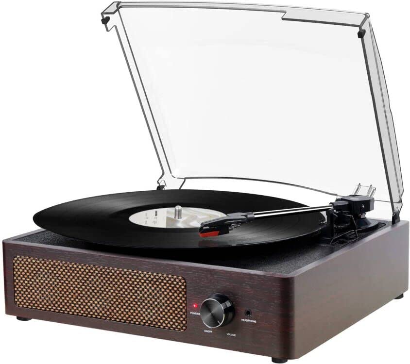 Vinyl Plattenspieler, Bluetooth tragbaren Vinyl Plattenspieler Schallplattenspieler mit 3-Gang 33/45/78 U/min und Eingebauter 2 Stereo Lautsprechern- natürliches Holz
