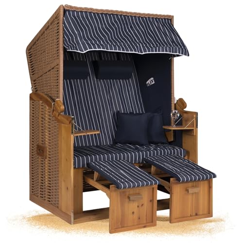 Strandkorb Hanse Strandkorb Ostsee XXL Volllieger Blau - 2-Sitzer 120cm breit, ideal für Garten, Terrasse und Balkon (Blau Weiß Nadelstreifen, zerlegt)