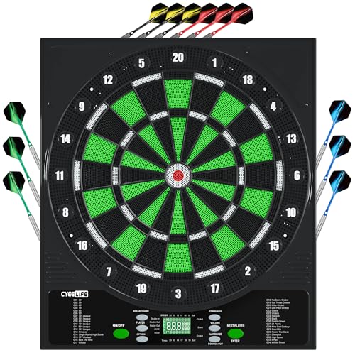 Cyeelife Dartscheibe Elektronisch mit Deutsche Stimme&LCD-Bildschirm – Inklusive 12 Soft-Darts, 24 Flügel, 50 Spitzen & USB-Ladegerät – 34 Spiele&355 Variationen – Ideal für 1-8 Spieler