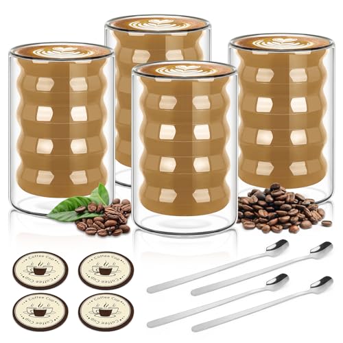Farnirvana Latte Macchiato Gläser, 4er Set 350ml Doppelwandige Gläser Latte Macchiato mit 4 Löffel und 4 Untersetzer, Thermogläser Doppelwandig Cappuccino Kaffeegläser für Eis Milch Saft Cocktails