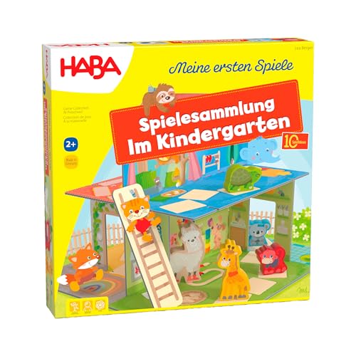 HABA Im Kindergarten Spielesammlung - 10 Abwechslungsreiche Spielideen - Großes 3D-Spielhaus mit 5 Holzfiguren - Ab 2 Jahren - Artikelnummer 2011718001