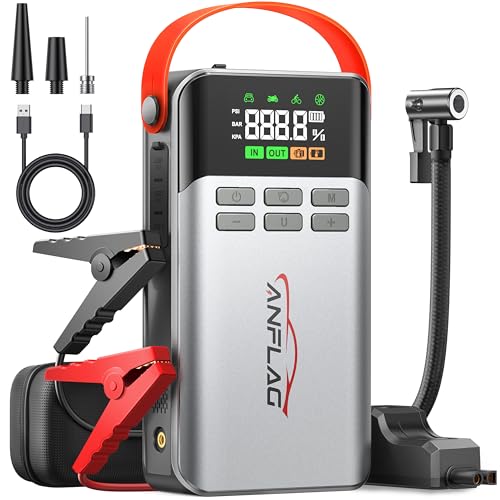 Starthilfe Powerbank mit Kompressor, 8-in-1 Auto Starthilfe 150 PSI 5500A Spitzenstrom für All Benzin und 10.0L Dieselmotor 21800mAh Starter Powerbank Tragbare LCD-Bildschirm 600Lumen LED Taschenlampe