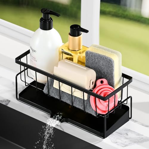 ZWMYF Spülbecken Organizer Küchen,Sink Caddy Kitchen Organizer,Edelstahl Küchen Organizer mit Selbstentleerender Ablaufwanne,Spülorganizer,Spülmittel Halterung(Schwarz)