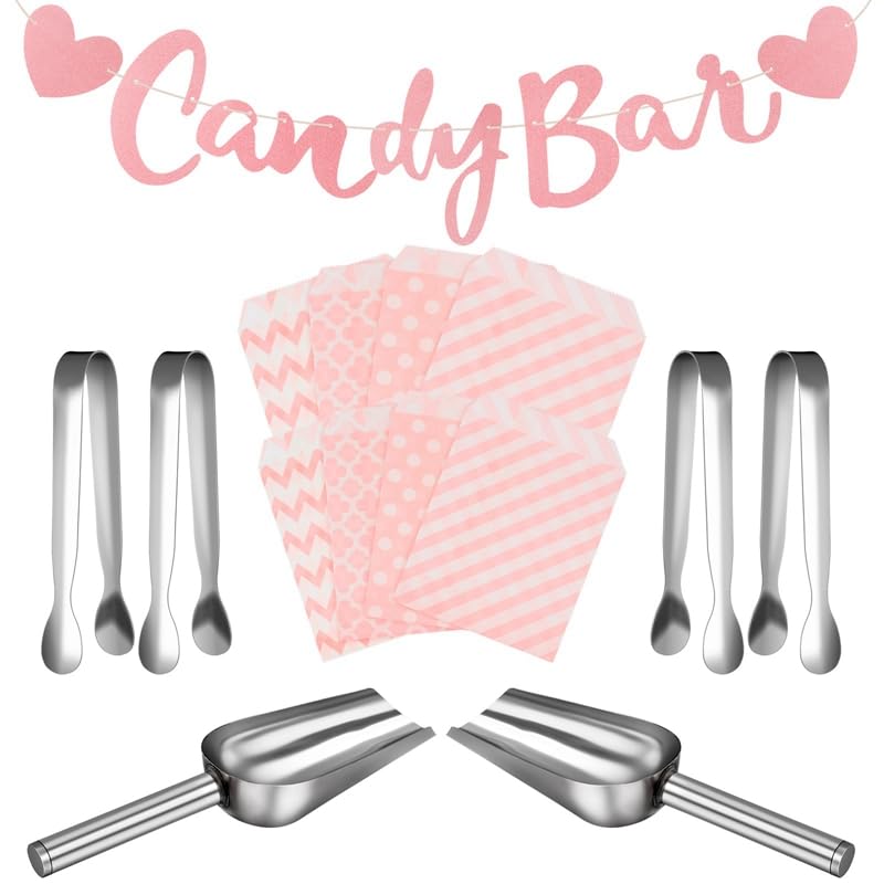 Firtink Candy Bar Zubehör,107 Stück Candy Bar Partydekorationen einschließlich Candy Bar Tüten Zuckerzange Candy Bar Schaufel und Girlande für Hochzeit Party Geburtstagsdekoration(Rosa)