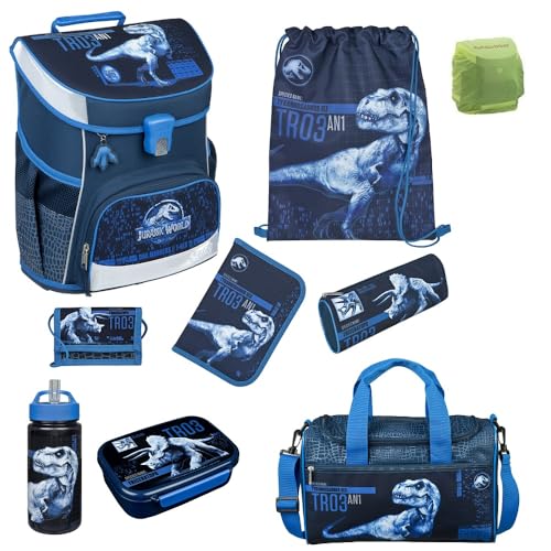 Jungen Schulranzen 1. Klasse · Scooli Campus Fit Schultasche · ergonomisch & leicht · Schulranzen Set für Jungs und Mädchen (9-teiliges Set mit Sporttasche, Jurassic World Dinosaurier Dunkelblau)