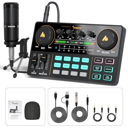 Maono DJ Controller mit Soundkarte und DJ Mischer, AM200S1 All In One DJ Mischpult Audio Interface mit 16MM Großmembranmikrofon für Live Streaming, YouTube, Aufnahme
