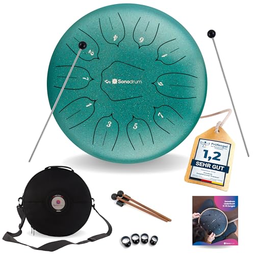 Sonodrum Zungentrommel 'Standard' D - Dur in Grün - 30 cm groß mit 11 Tönen - Steel Tongue Drum inkl. Liederbuch, Schlägel, Fingersticks und Tragetasche - Notenlesen nicht nötig, einfach zu spielen.